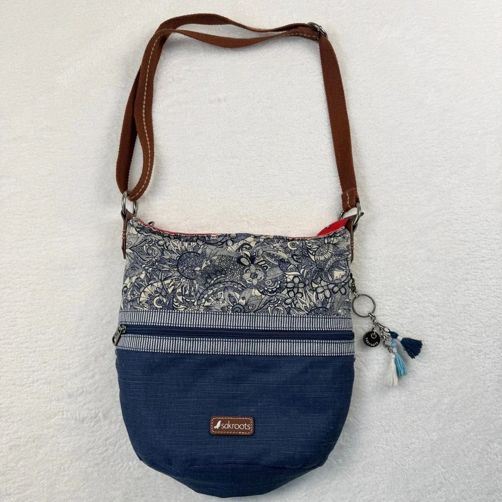 Sakroots Crossbody Bag Blue Floral‎ Canvas Boho Artist Circle Adjustable Strap